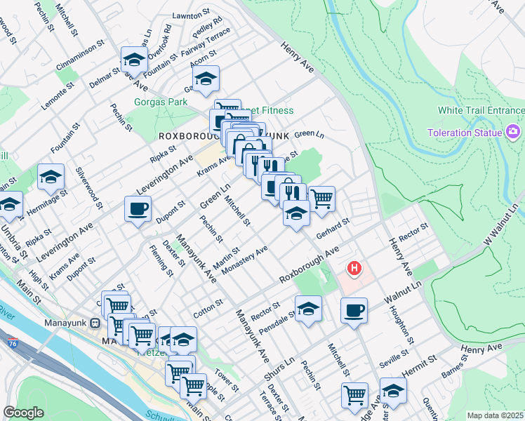 map of restaurants, bars, coffee shops, grocery stores, and more near 471 Lyceum Ave in Philadelphia