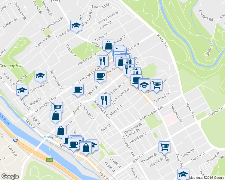 map of restaurants, bars, coffee shops, grocery stores, and more near 433 Conarroe Street in Philadelphia