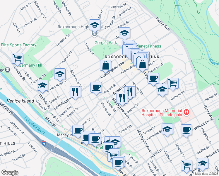 map of restaurants, bars, coffee shops, grocery stores, and more near 386 Dupont Street in Philadelphia