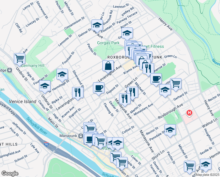 map of restaurants, bars, coffee shops, grocery stores, and more near 386 Dupont Street in Philadelphia