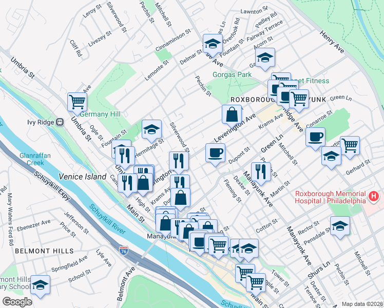 map of restaurants, bars, coffee shops, grocery stores, and more near 296 Leverington Avenue in Philadelphia