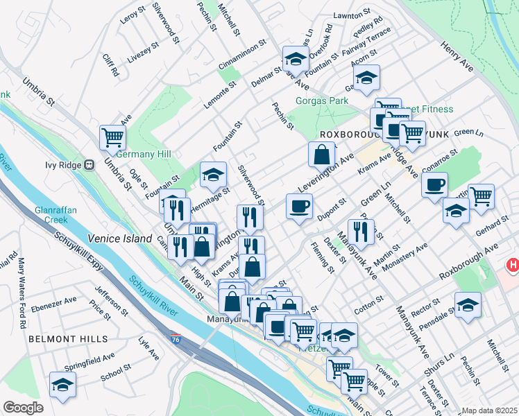 map of restaurants, bars, coffee shops, grocery stores, and more near 296 Leverington Avenue in Philadelphia