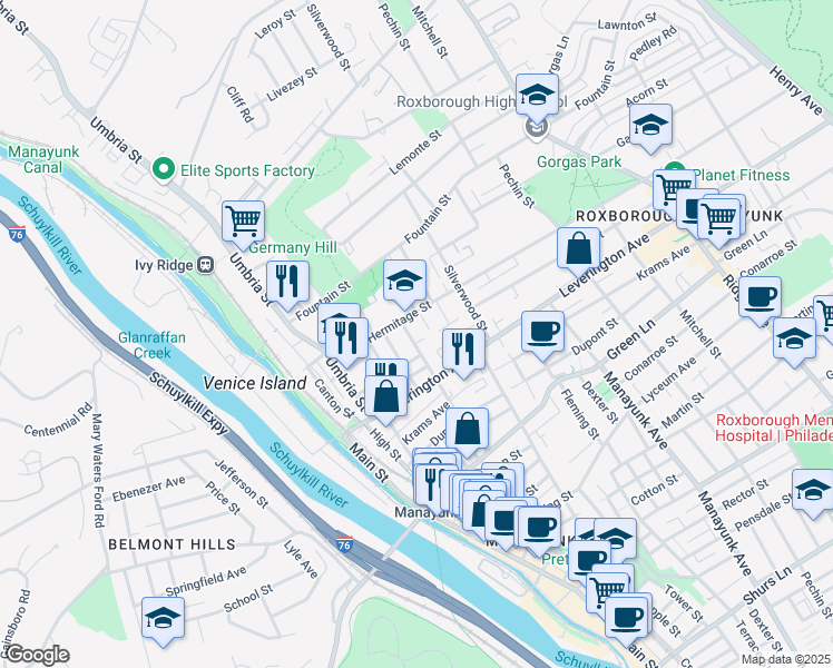 map of restaurants, bars, coffee shops, grocery stores, and more near 4690 Wilde Street in Philadelphia