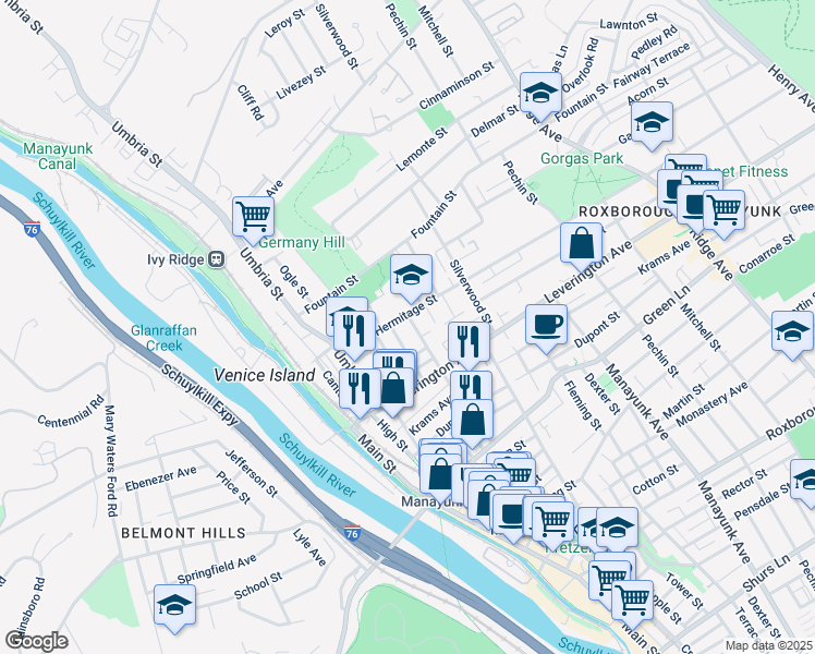 map of restaurants, bars, coffee shops, grocery stores, and more near 4690 Wilde Street in Philadelphia