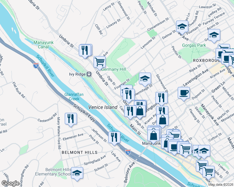 map of restaurants, bars, coffee shops, grocery stores, and more near in Philadelphia