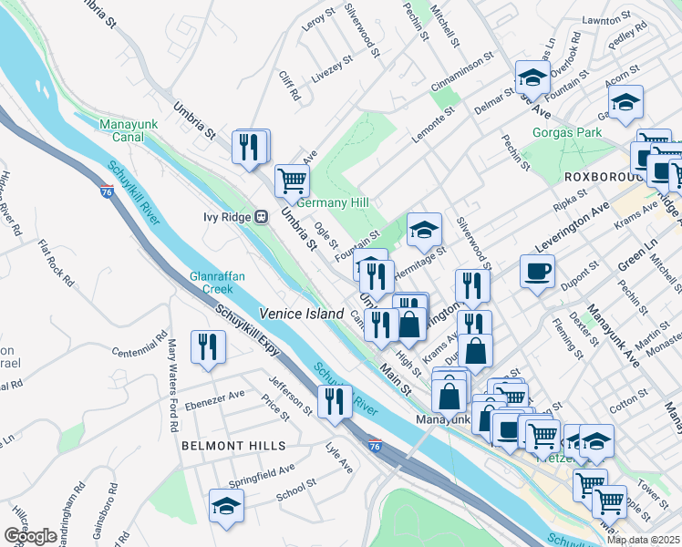 map of restaurants, bars, coffee shops, grocery stores, and more near in Philadelphia