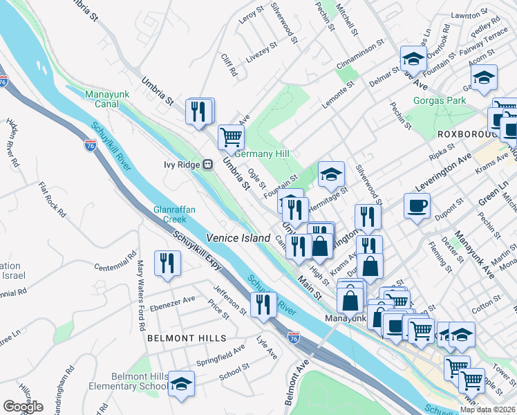 map of restaurants, bars, coffee shops, grocery stores, and more near in Philadelphia