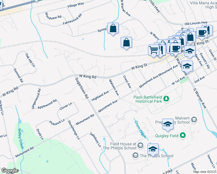 map of restaurants, bars, coffee shops, grocery stores, and more near 531 Highland Avenue in Malvern
