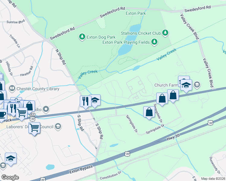 map of restaurants, bars, coffee shops, grocery stores, and more near 14 Lochiel Lane in Exton