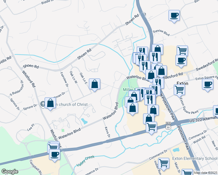 map of restaurants, bars, coffee shops, grocery stores, and more near 154 Rosetree Lane in Exton