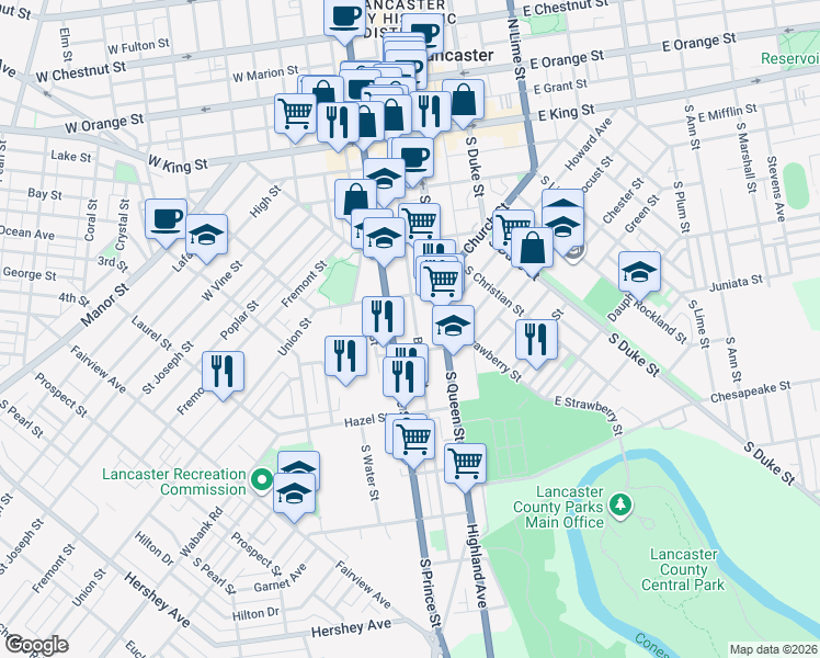 map of restaurants, bars, coffee shops, grocery stores, and more near 337 South Prince Street in Lancaster