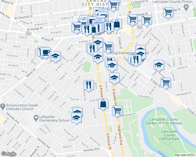 map of restaurants, bars, coffee shops, grocery stores, and more near 337 South Prince Street in Lancaster
