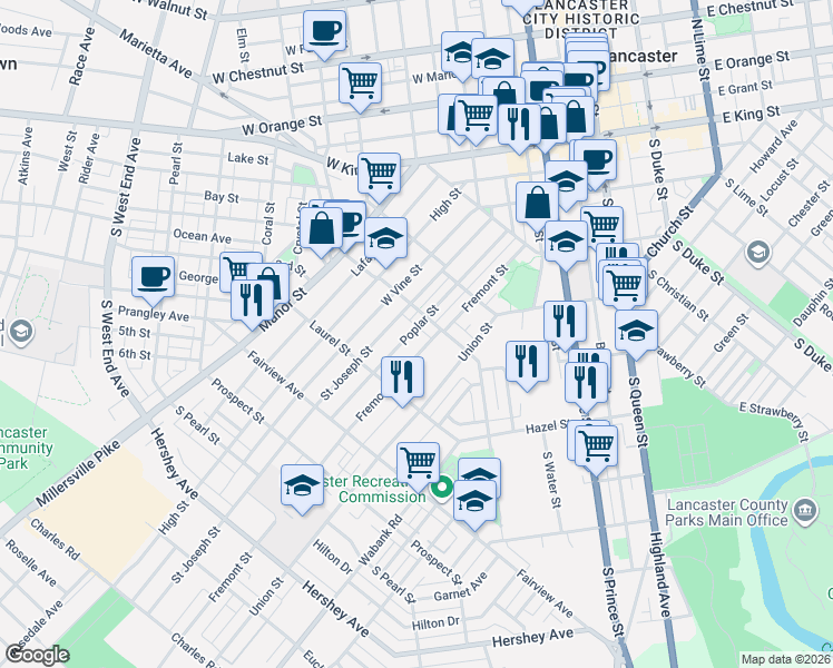 map of restaurants, bars, coffee shops, grocery stores, and more near 617 Fremont Street in Lancaster