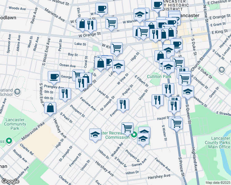 map of restaurants, bars, coffee shops, grocery stores, and more near 642 Saint Joseph Street in Lancaster