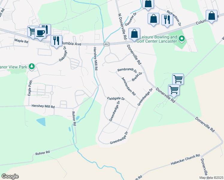 map of restaurants, bars, coffee shops, grocery stores, and more near 720 Landmark Circle in Lancaster