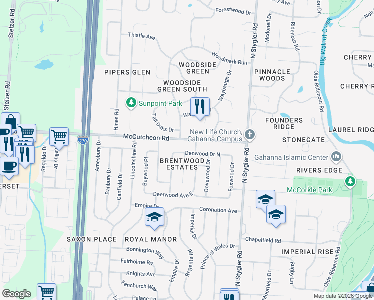map of restaurants, bars, coffee shops, grocery stores, and more near 506 Denwood Drive North in Columbus