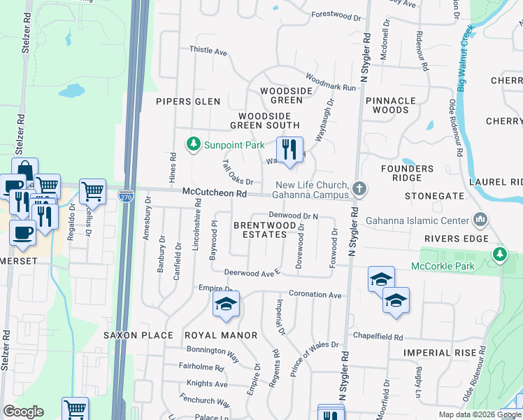 map of restaurants, bars, coffee shops, grocery stores, and more near 506 Denwood Drive North in Columbus
