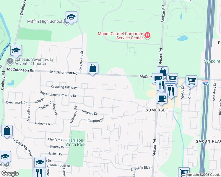 map of restaurants, bars, coffee shops, grocery stores, and more near 3588 Crossing Hill Way in Columbus
