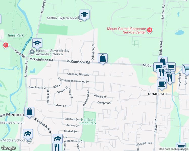 map of restaurants, bars, coffee shops, grocery stores, and more near 3395 Crossing Hill Way in Columbus