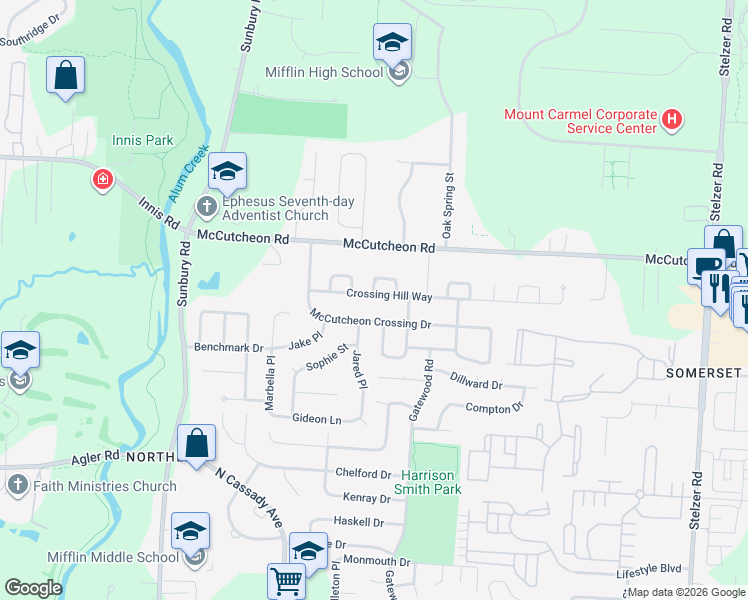map of restaurants, bars, coffee shops, grocery stores, and more near 3275 Crossing Hill Way in Columbus