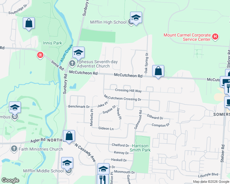 map of restaurants, bars, coffee shops, grocery stores, and more near 3203 Crossing Hill Way in Columbus