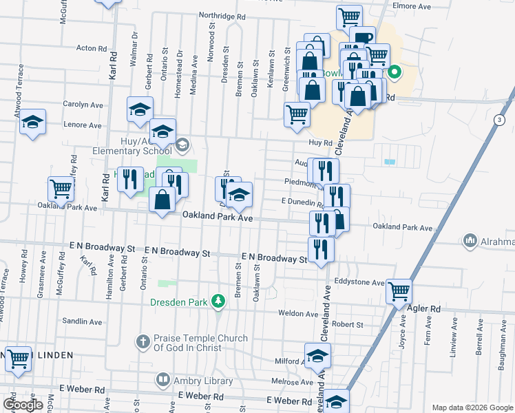 map of restaurants, bars, coffee shops, grocery stores, and more near 1685 East Dunedin Road in Columbus