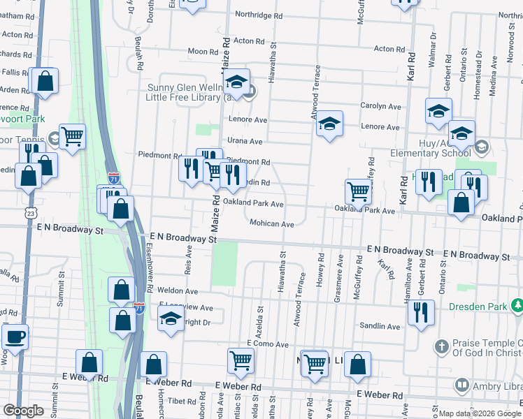 map of restaurants, bars, coffee shops, grocery stores, and more near 3250 Osceola Drive in Columbus