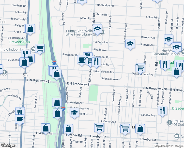 map of restaurants, bars, coffee shops, grocery stores, and more near in Columbus