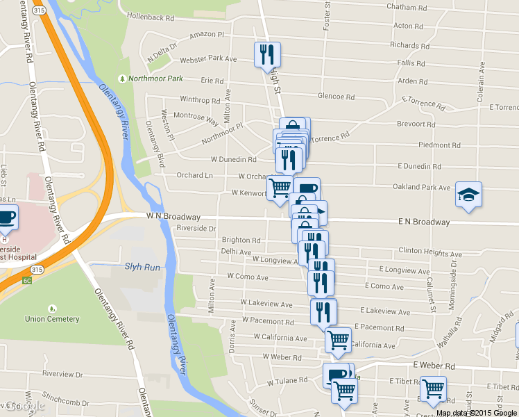 map of restaurants, bars, coffee shops, grocery stores, and more near 106 West North Broadway in Columbus