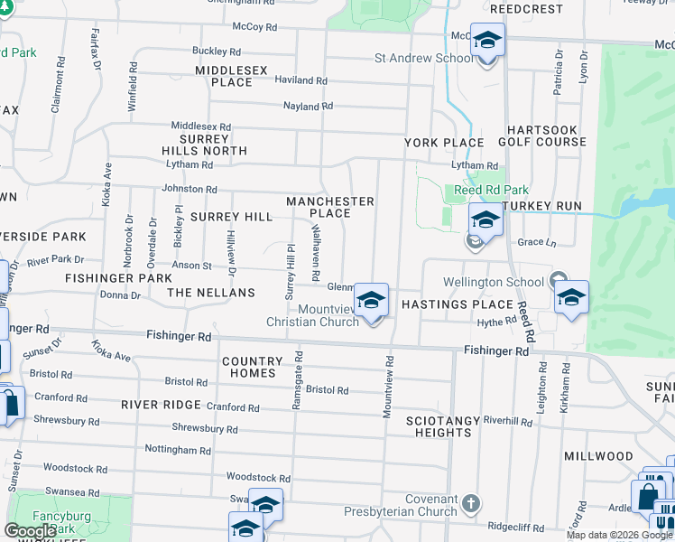 map of restaurants, bars, coffee shops, grocery stores, and more near 3753 Woodbridge Road in Columbus