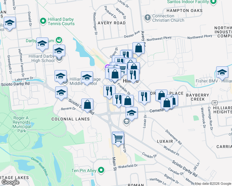 map of restaurants, bars, coffee shops, grocery stores, and more near 3930 Columbia Street in Hilliard