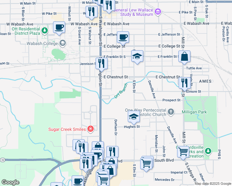 map of restaurants, bars, coffee shops, grocery stores, and more near 902 South Washington Street in Crawfordsville