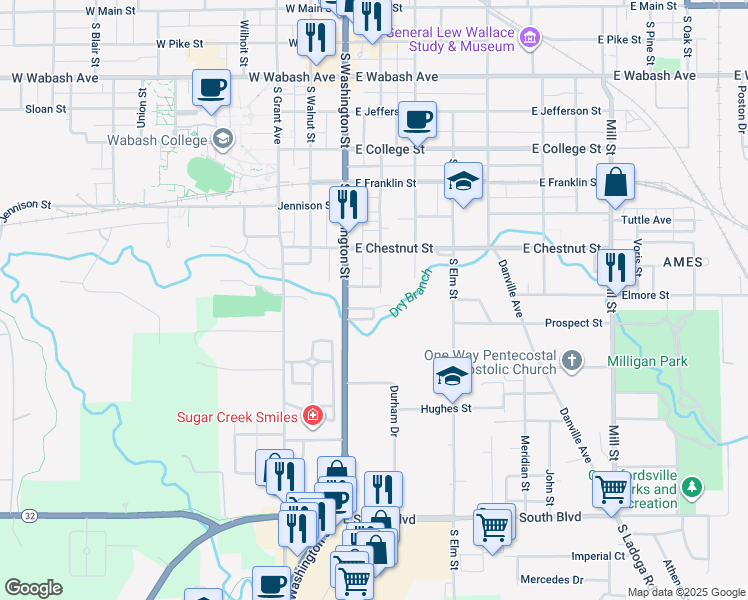 map of restaurants, bars, coffee shops, grocery stores, and more near 902 South Washington Street in Crawfordsville