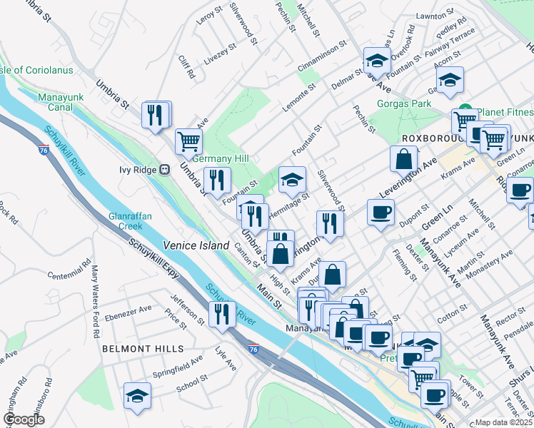 map of restaurants, bars, coffee shops, grocery stores, and more near 212 Hermitage Street in Philadelphia