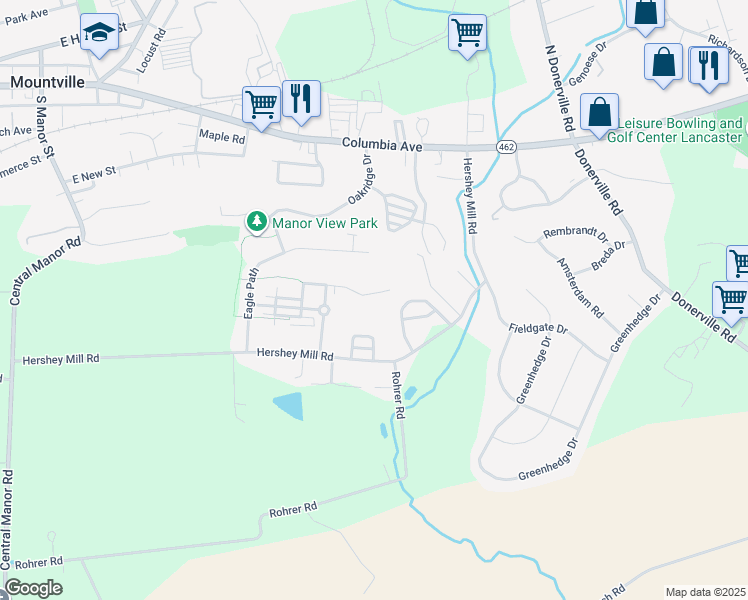 map of restaurants, bars, coffee shops, grocery stores, and more near 485 Talon Drive in Mountville