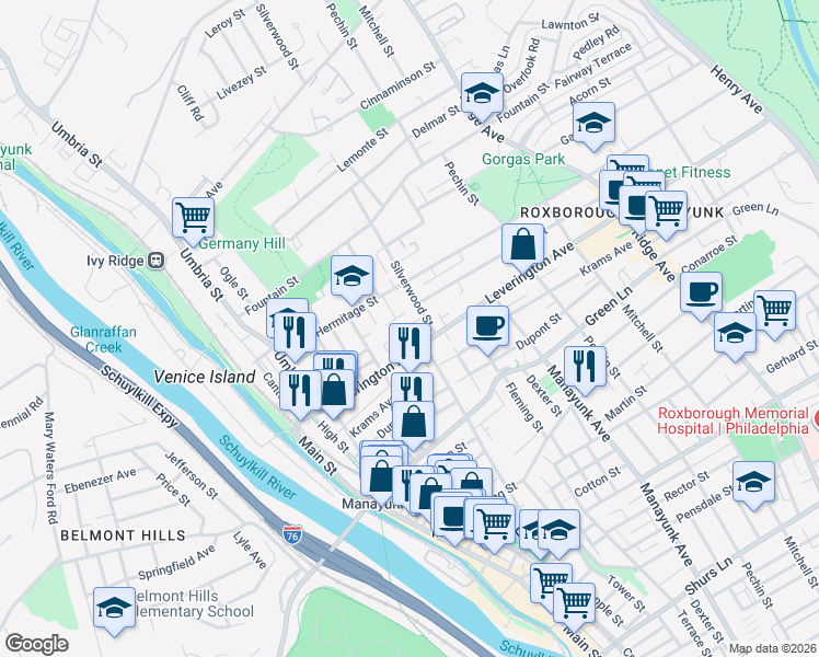 map of restaurants, bars, coffee shops, grocery stores, and more near 296 Leverington Avenue in Philadelphia