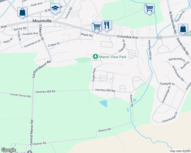 map of restaurants, bars, coffee shops, grocery stores, and more near 117 Eagle Path in Mountville