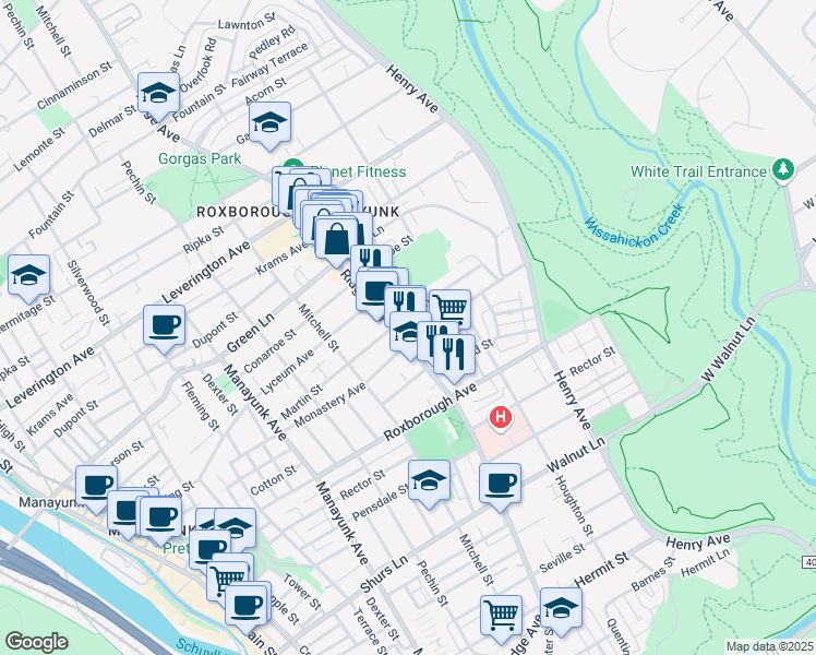 map of restaurants, bars, coffee shops, grocery stores, and more near 6001 Ridge Avenue in Philadelphia