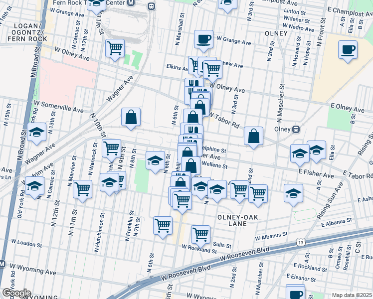 map of restaurants, bars, coffee shops, grocery stores, and more near 515 West Fisher Avenue in Philadelphia