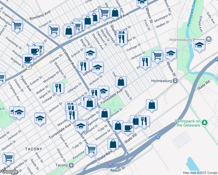 map of restaurants, bars, coffee shops, grocery stores, and more near 4563 Tudor Street in Philadelphia