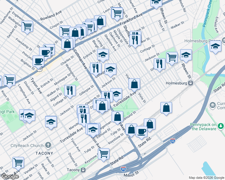 map of restaurants, bars, coffee shops, grocery stores, and more near 4555 Aldine Street in Philadelphia