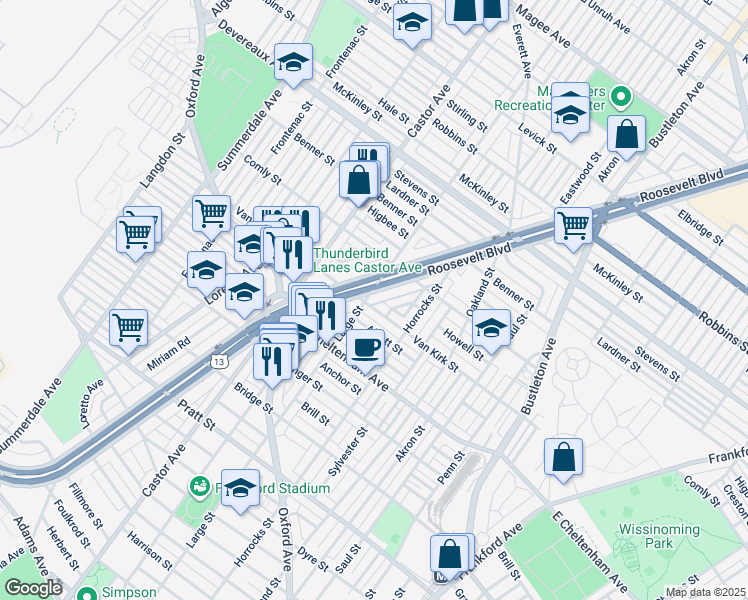 map of restaurants, bars, coffee shops, grocery stores, and more near 5903 Roosevelt Boulevard in Philadelphia