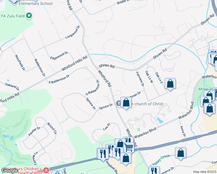 map of restaurants, bars, coffee shops, grocery stores, and more near 244 North Whitford Road in Exton