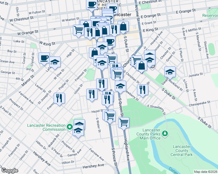 map of restaurants, bars, coffee shops, grocery stores, and more near 337 South Prince Street in Lancaster