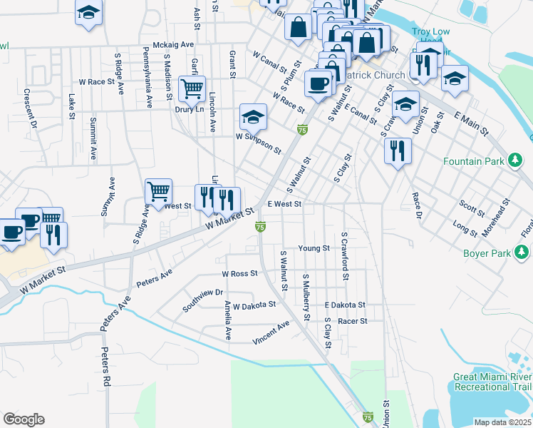 map of restaurants, bars, coffee shops, grocery stores, and more near 715 South Market Street in Troy