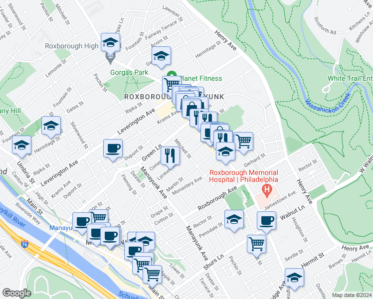 map of restaurants, bars, coffee shops, grocery stores, and more near 450 Lyceum Avenue in Philadelphia