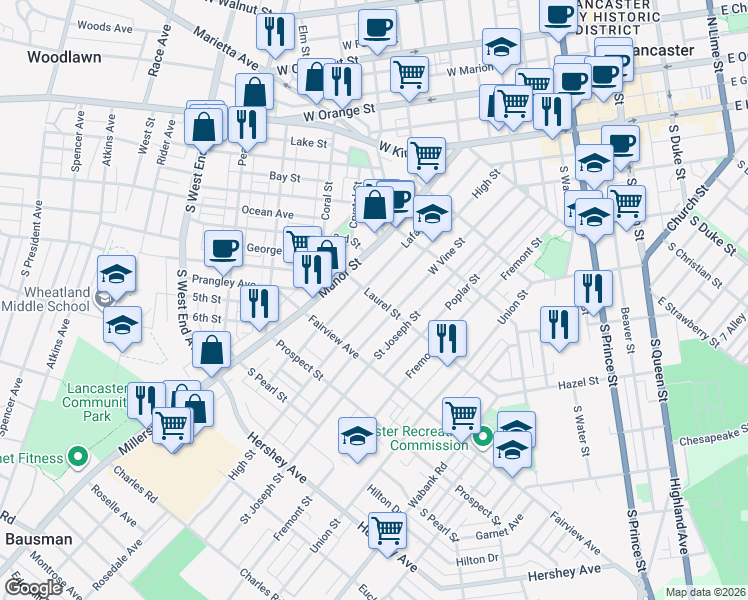 map of restaurants, bars, coffee shops, grocery stores, and more near 712 Lafayette Street in Lancaster