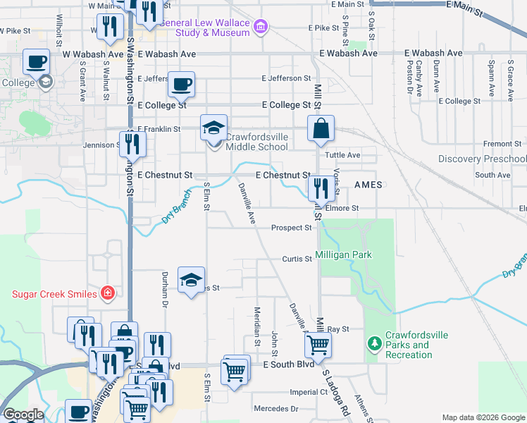 map of restaurants, bars, coffee shops, grocery stores, and more near 617 Elmore Street in Crawfordsville