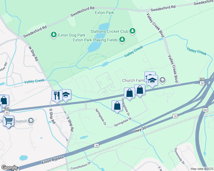 map of restaurants, bars, coffee shops, grocery stores, and more near 721 East Lincoln Highway in Exton