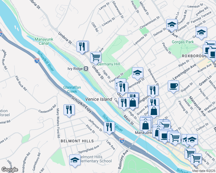 map of restaurants, bars, coffee shops, grocery stores, and more near 4738 Umbria Street in Philadelphia